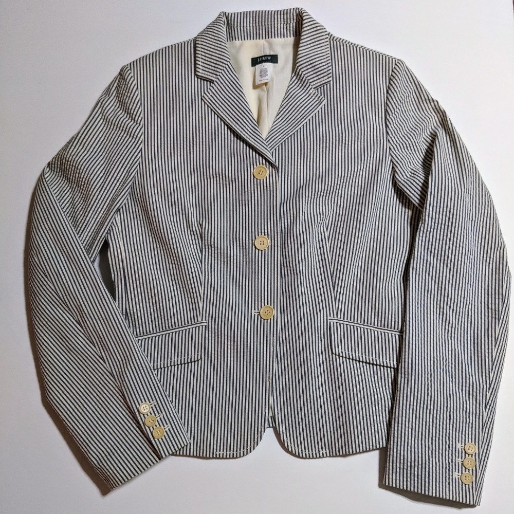 J. Crew Cream White & Blue Seersucker Blazer Sz 8